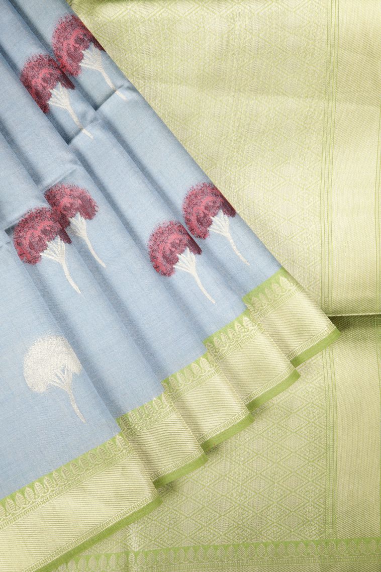 Sky Blue Tussar Saree with Silver Zari Buttis (small Dots Or Motifs) view 1