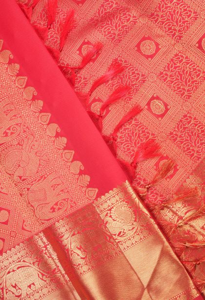 Candy Red Kanchipuram Silk Sarees with Gold Zari Floral Patterns
