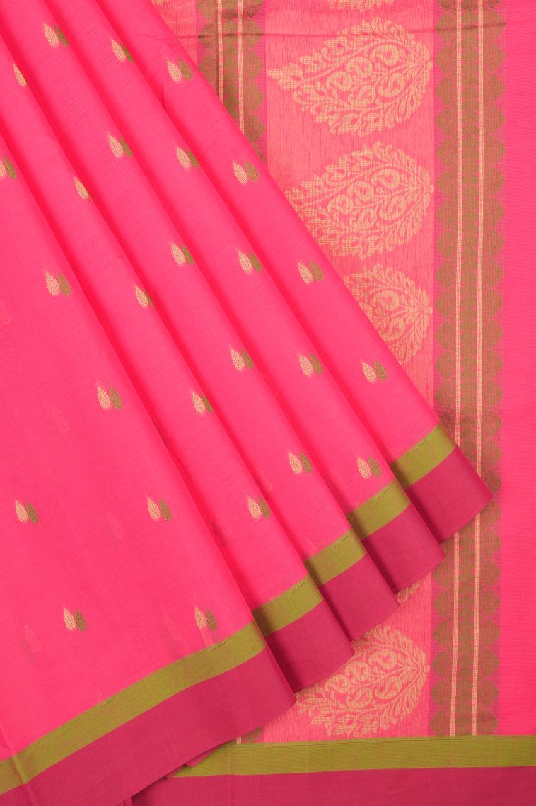 Punch Pink Kovai Cotton Sarees with Without Zari Zari Buttis (small Dots Or Motifs) view 1