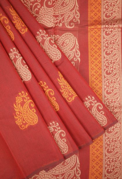 Blush Red Kovai Cotton Sarees with Without Zari Zari Buttis (small Dots Or Motifs)