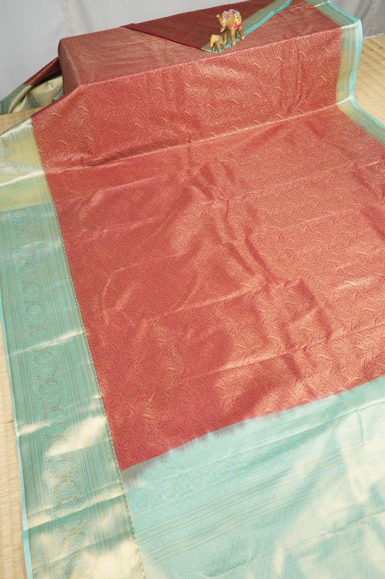 Berry Red Samudrika Pattu with Copper Zari Floral Patterns view 2