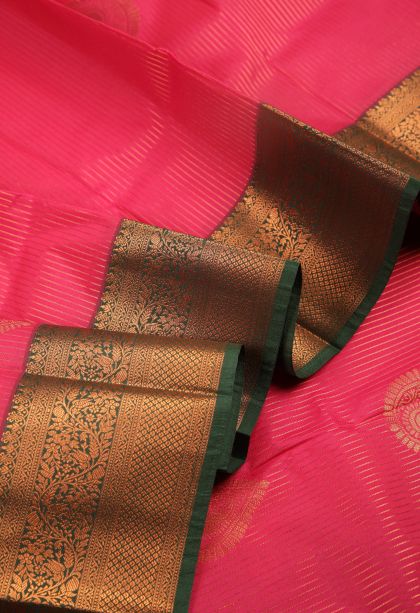 Hot Pink Visiri Madippu Silk Sarees with Copper Zari Stripes