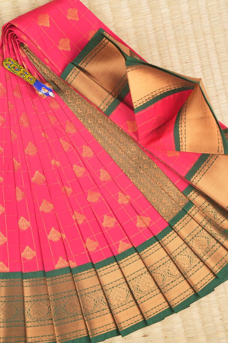 Bubblegum Pink Visiri Madippu Silk Sarees with Copper Zari Checks view 1