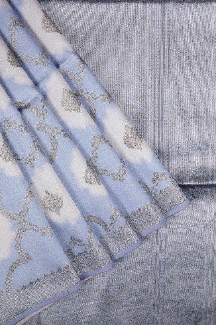 Daffane Blue Tussar Saree with Bronze Zari Floral Patterns view 1