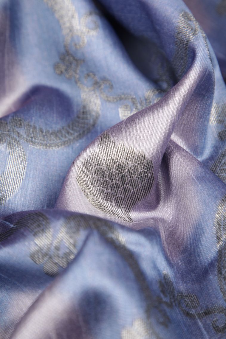 Daffane Blue Tussar Saree with Bronze Zari Floral Patterns view 4