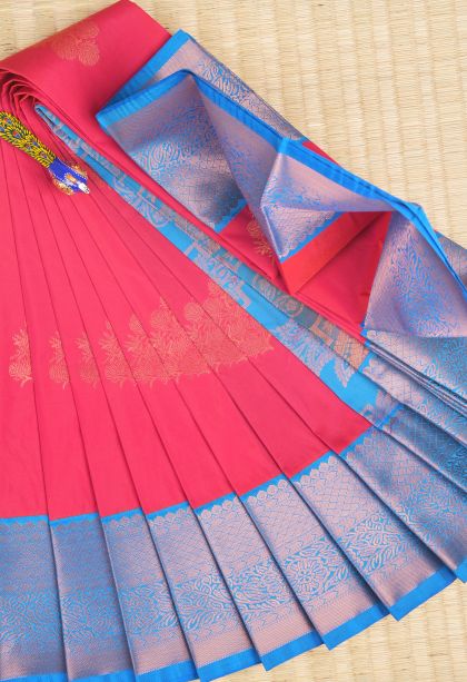 Strawberry Pink Visiri Madippu Silk Sarees with Copper Zari Buttis (small Dots Or Motifs)