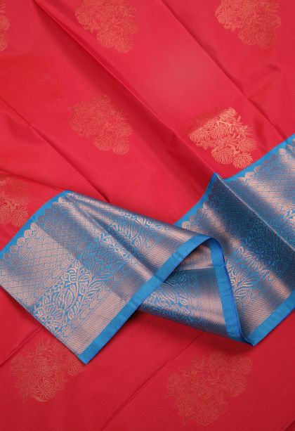 Strawberry Pink Visiri Madippu Silk Sarees with Copper Zari Buttis (small Dots Or Motifs)
