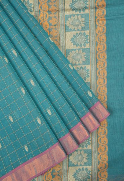 Ocean Blue Kovai Cotton Sarees with Without Zari Zari Checks
