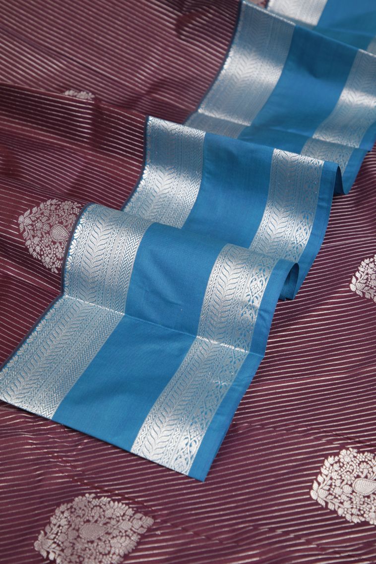 Mulberry Purple Visiri Madippu Silk Sarees with Silver Zari Stripes view 4