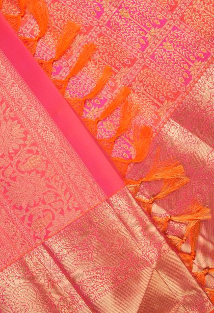 Strawberry Pink Kanchipuram Silk Sarees with Gold Zari Floral Patterns