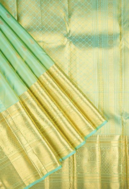 Mint Green Kanchipuram Silk Sarees with Gold Zari Buttis (small Dots Or Motifs)
