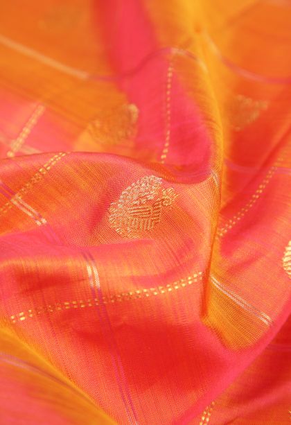 Amber Orange Kanchipuram Silk Sarees with Gold Zari Checks