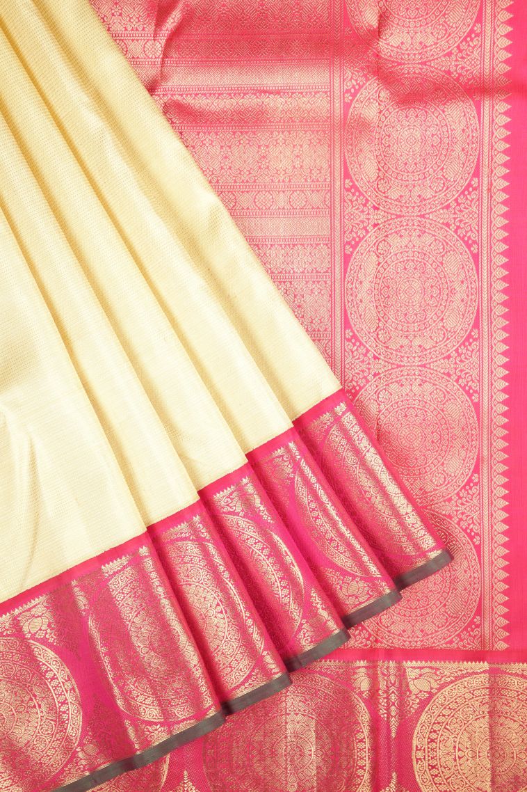 Alabaster White Kanchipuram Silk Sarees with Gold Zari Stripes view 1