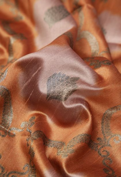 Apricot Orange Tussar Saree with Bronze Zari Floral Patterns