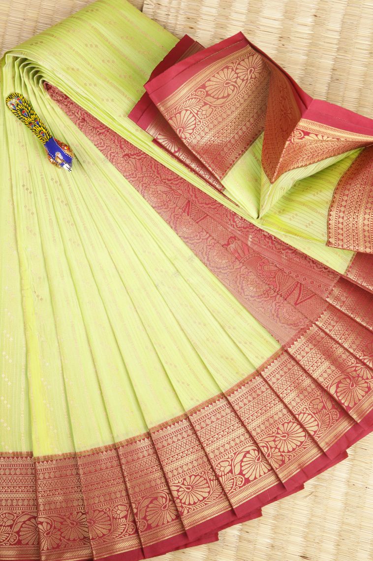 Chartreuse Green Visiri Madippu Silk Sarees with Copper Zari Stripes view 1