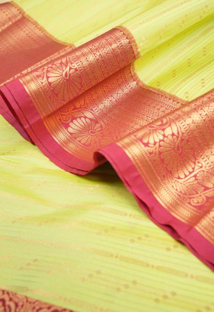 Chartreuse Green Visiri Madippu Silk Sarees with Copper Zari Stripes