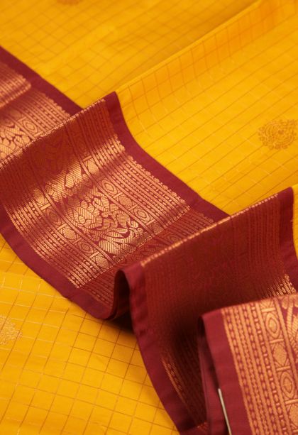 Lemon Yellow Visiri Madippu Silk Sarees with Copper Zari Checks