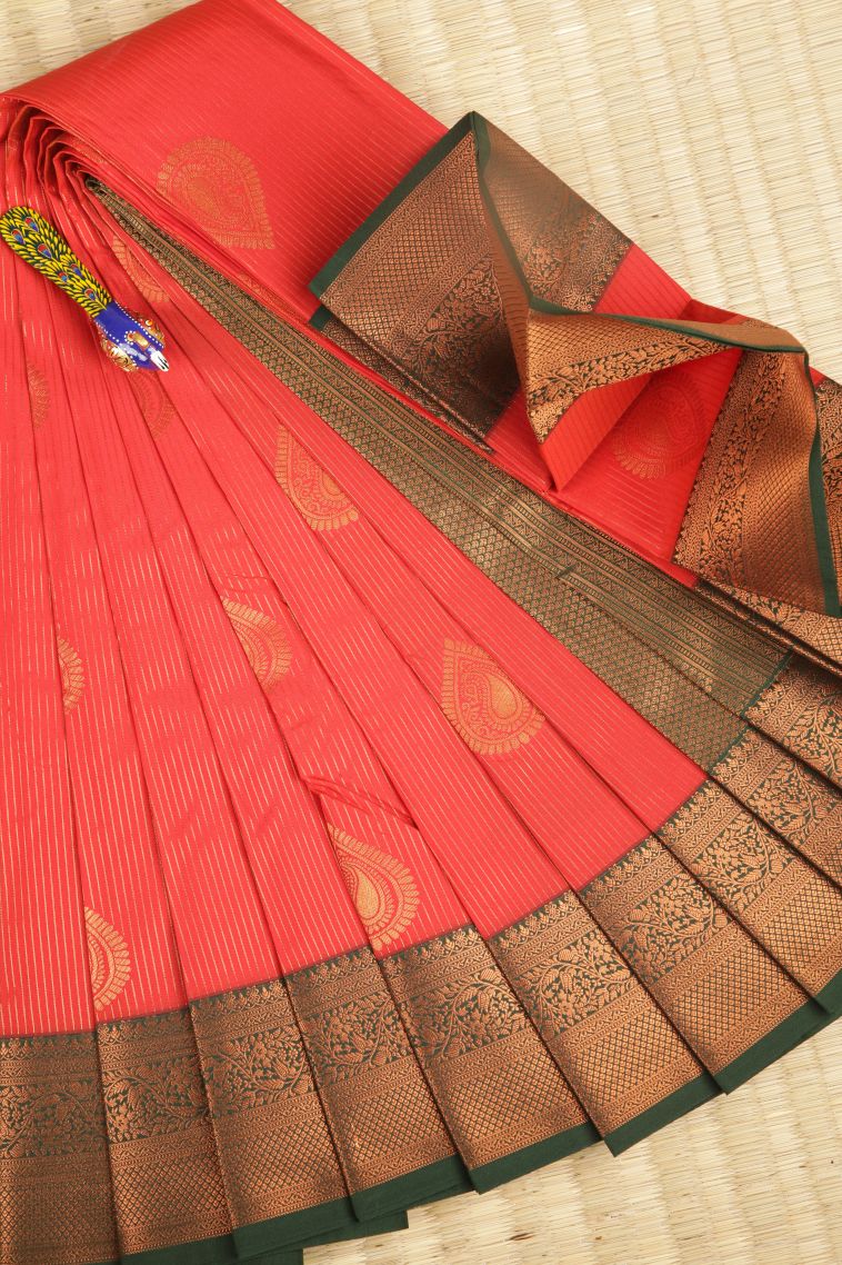 Rose  Red Visiri Madippu Silk Sarees with Copper Zari Stripes view 1