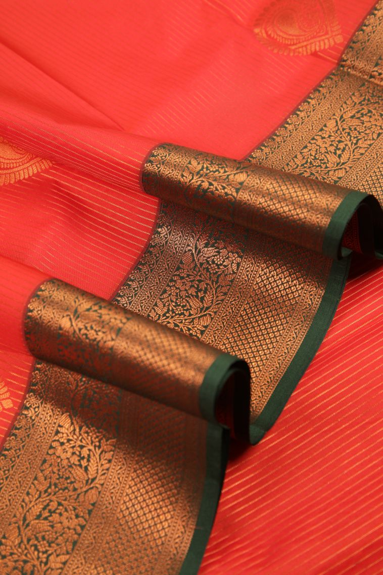 Rose  Red Visiri Madippu Silk Sarees with Copper Zari Stripes view 4