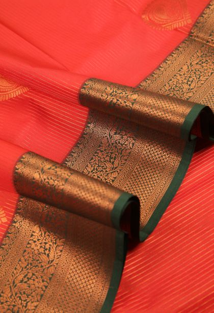 Rose Red Visiri Madippu Silk Sarees with Copper Zari Stripes