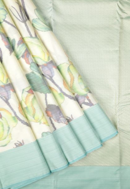 Daisy White Soft Silk Sarees with Without Zari Zari Floral Patterns