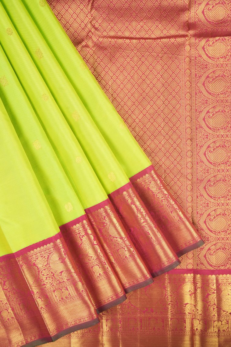 Chartreuse Green Kanchipuram Silk Sarees with Gold Zari Buttis (small Dots Or Motifs) view 1