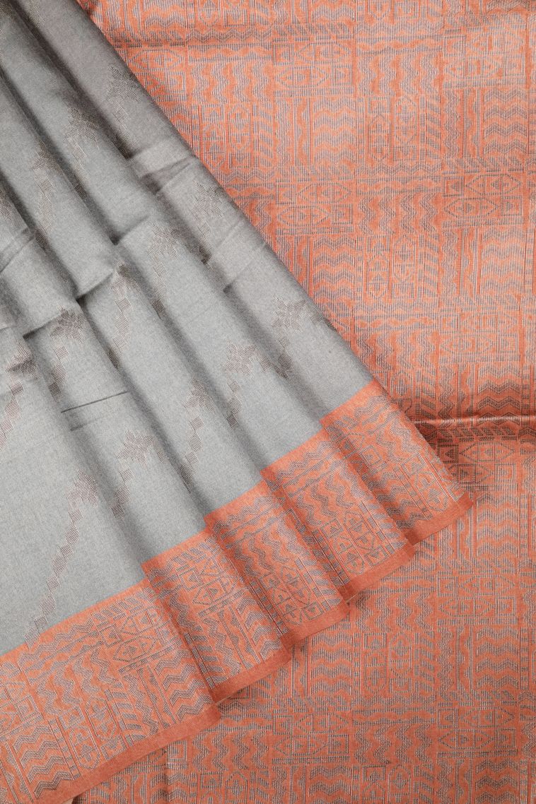 Gray Black Tussar Saree with Bronze Zari Stripes view 1