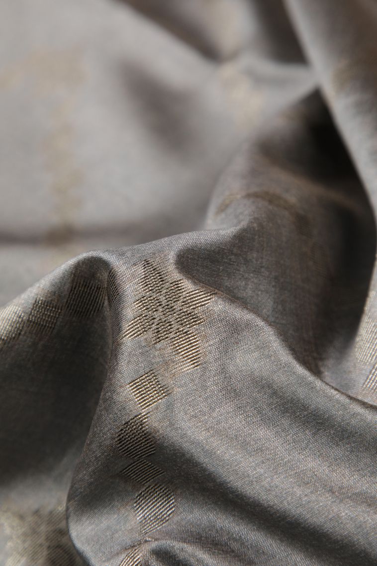 Gray Black Tussar Saree with Bronze Zari Stripes view 4