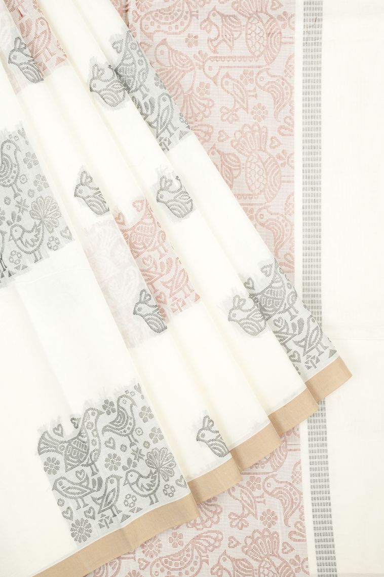 Porcelain White Kovai Cotton Sarees with Without Zari Zari Buttis (small Dots Or Motifs) view 1