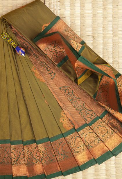 Paris Green Visiri Madippu Silk Sarees with Copper Zari Buttis (small Dots Or Motifs)