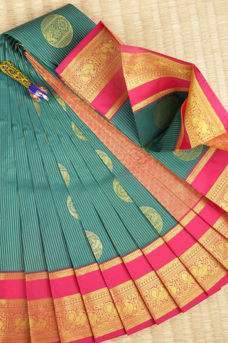 Cerulean Blue Visiri Madippu Silk Sarees with Gold Zari Stripes view 1