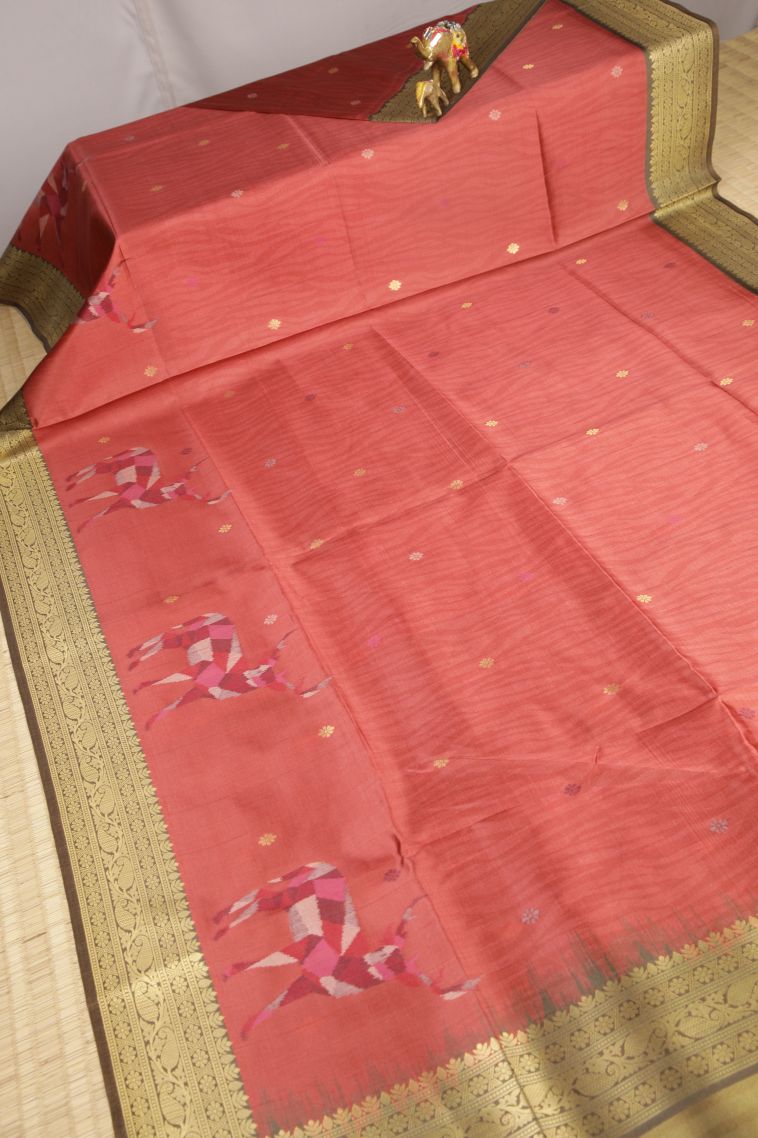 Coral Pink Tussar Saree with Without Zari Zari Buttis (small Dots Or Motifs) view 2