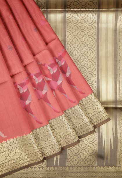 Coral Pink Tussar Saree with Without Zari Zari Buttis (small Dots Or Motifs)
