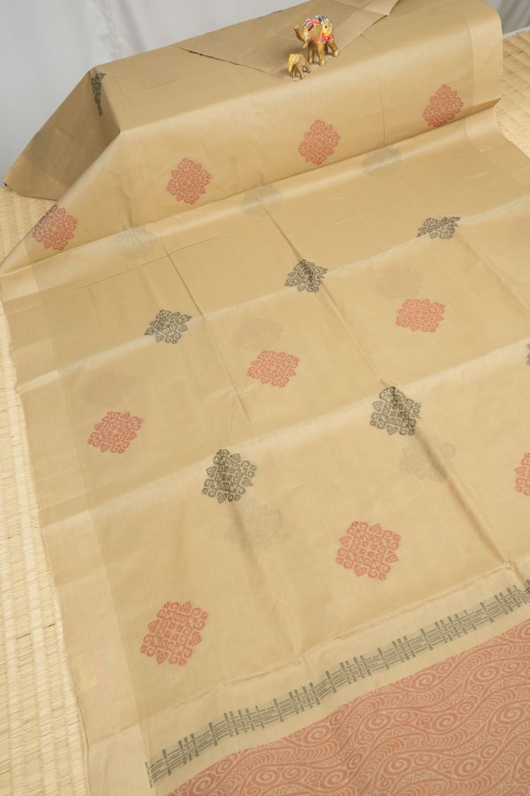 Cream White Kovai Cotton Sarees with Without Zari Zari Buttis (small Dots Or Motifs) view 2