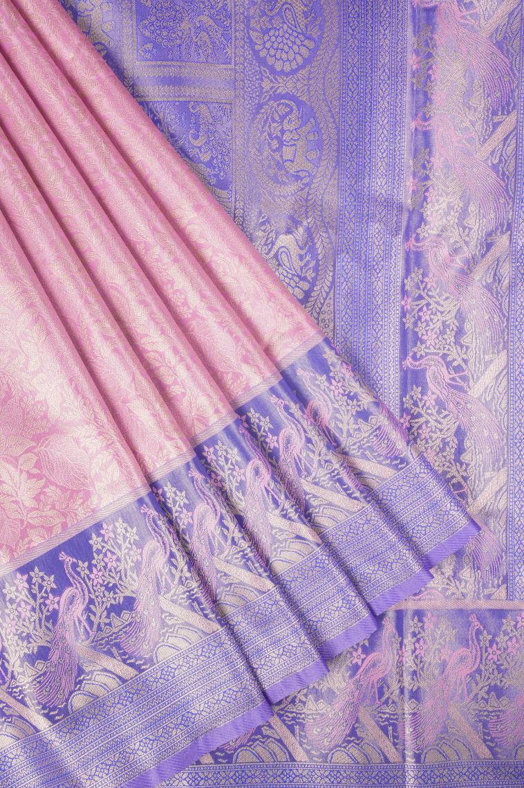 Blush Pink Tissue Silk Sarees with Copper Zari Floral Patterns view 1