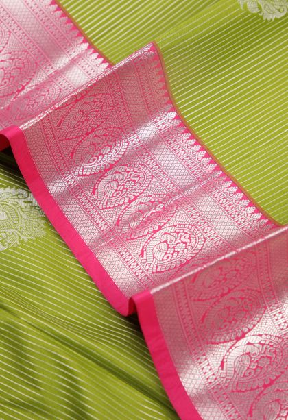 Lime Green Visiri Madippu Silk Sarees with Silver Zari Stripes