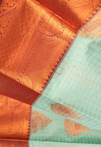 Arctic Blue Visiri Madippu Silk Sarees with Copper Zari Checks