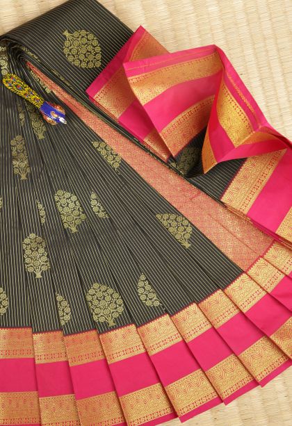 Asphalt Black Visiri Madippu Silk Sarees with Gold Zari Stripes