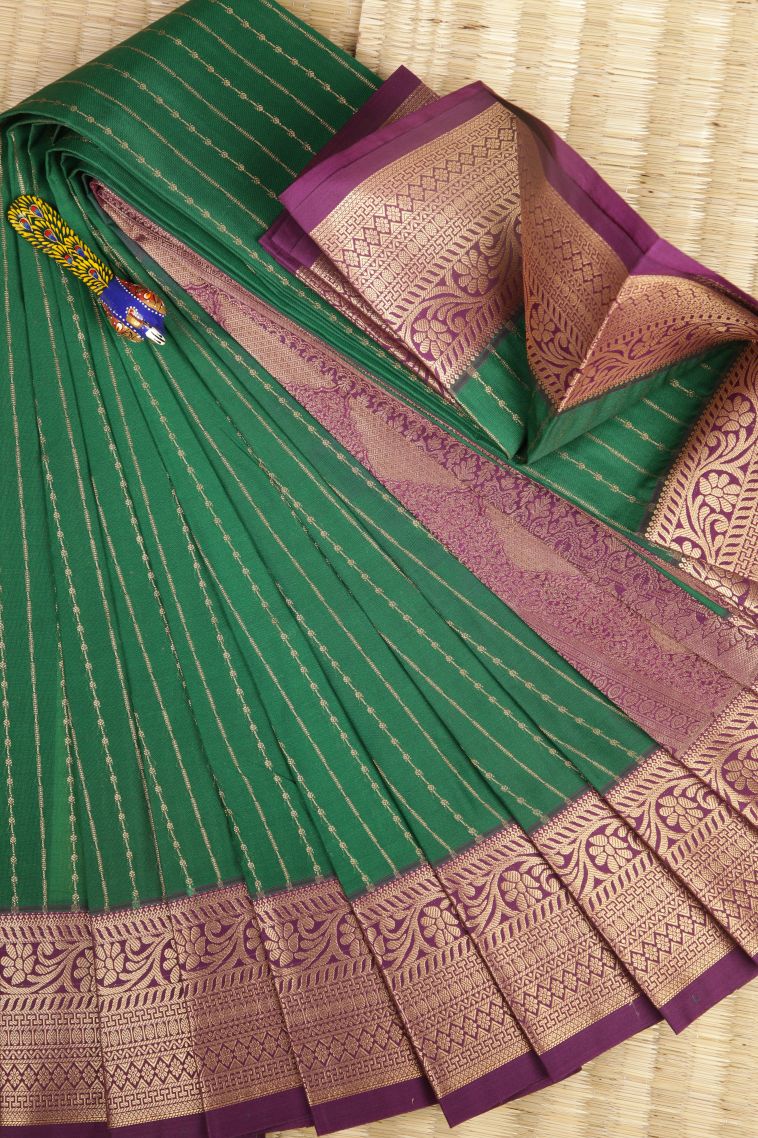 Pine Green Visiri Madippu Silk Sarees with Copper Zari Stripes view 1