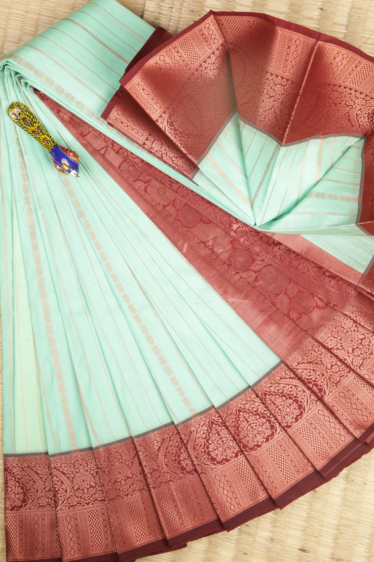 Arctic Blue Visiri Madippu Silk Sarees with Copper Zari Stripes view 1