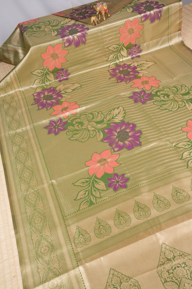 Moccon Green Tissue Silk Sarees with Copper Zari Floral Patterns view 2