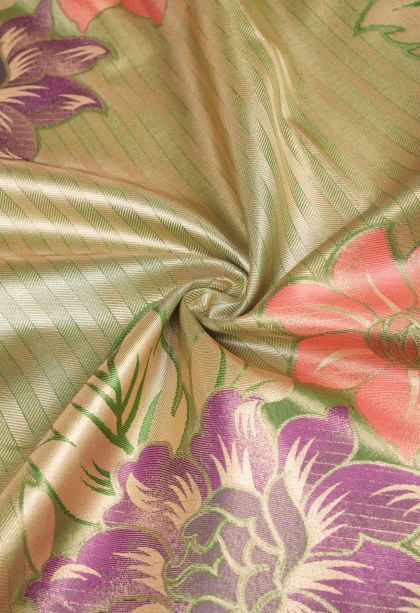 Moccon Green Tissue Silk Sarees with Copper Zari Floral Patterns