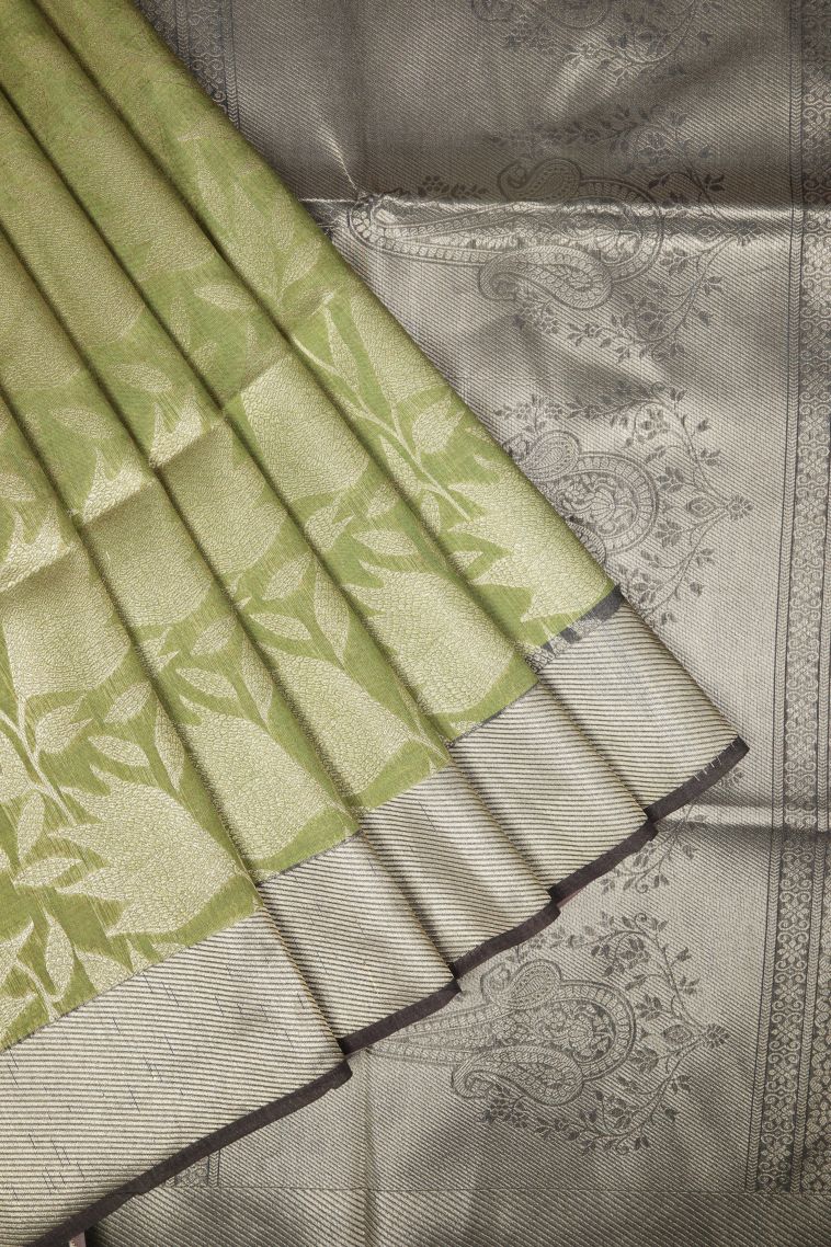 Olive Green Tussar Saree with Gold Zari Floral Patterns view 1