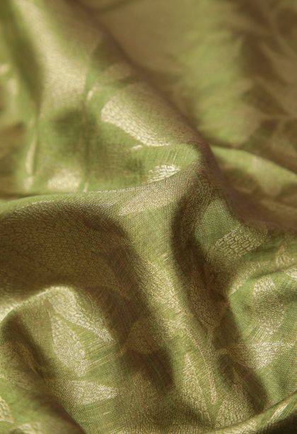 Olive Green Tussar Saree with Gold Zari Floral Patterns