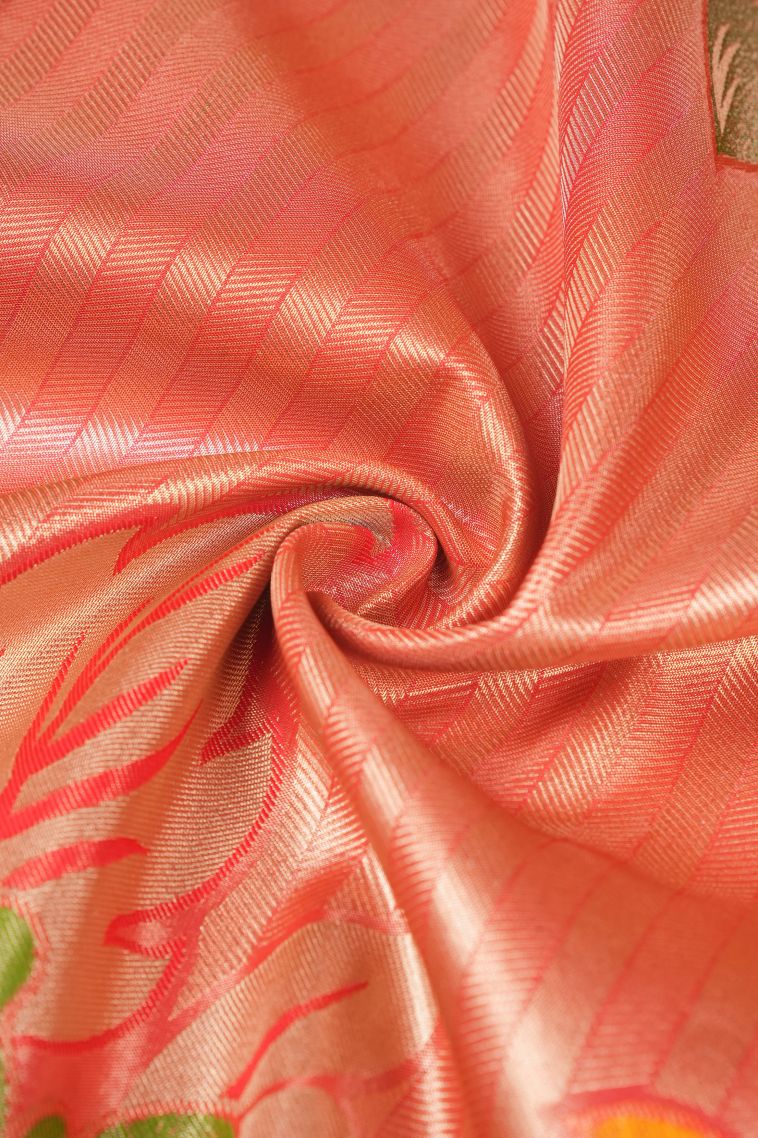 Tiger Orange Tissue Silk Sarees with Copper Zari Floral Patterns view 4