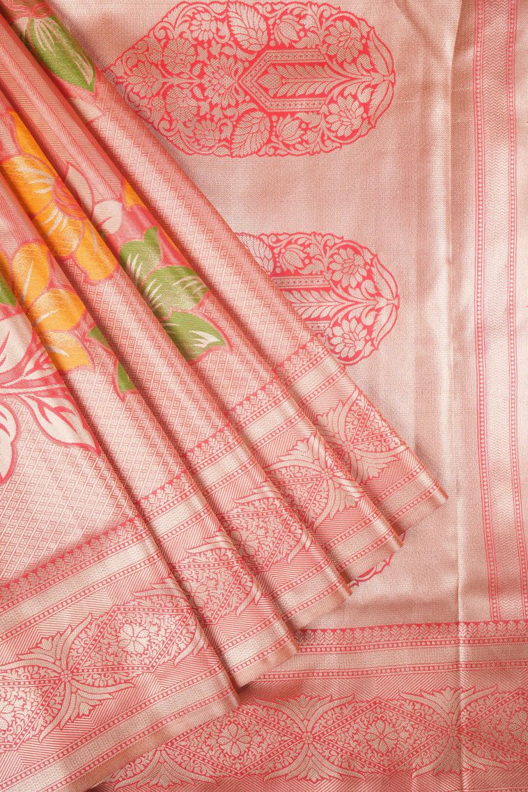 Tiger Orange Tissue Silk Sarees with Copper Zari Floral Patterns view 1