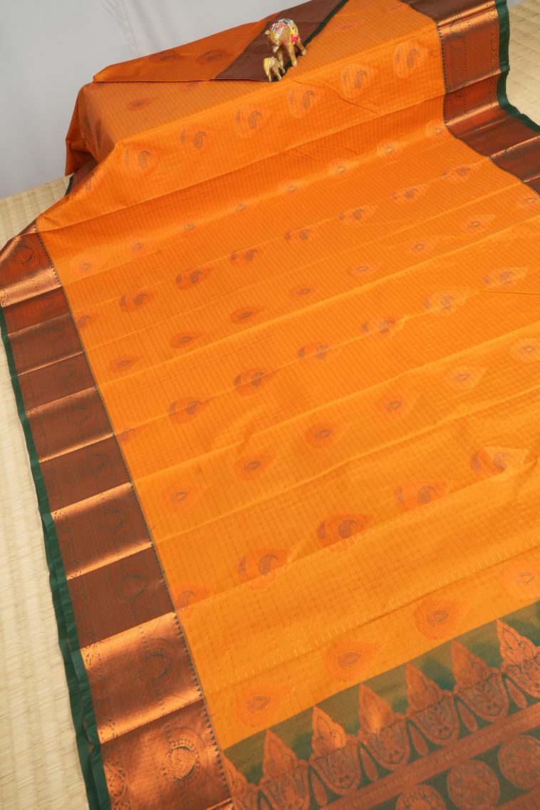 Merigold Orange Visiri Madippu Silk Sarees with Copper Zari Checks view 2