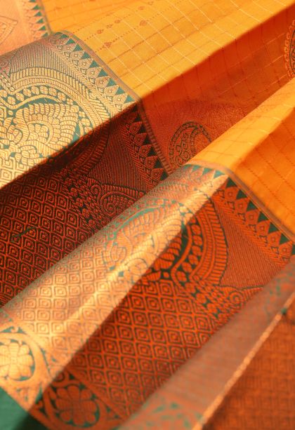 Merigold Orange Visiri Madippu Silk Sarees with Copper Zari Checks
