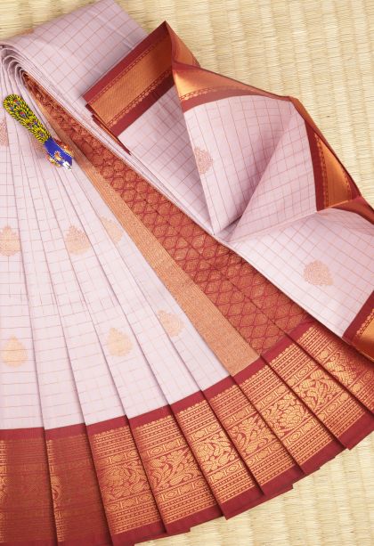 Lavender Purple Visiri Madippu Silk Sarees with Copper Zari Checks