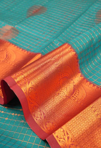 Cerulean Blue Visiri Madippu Silk Sarees with Copper Zari Checks